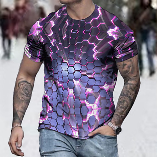 

Men's Tee T shirt Shirt 3D Print Graphic Geometric Graphic Prints Plus Size Short Sleeve Casual Tops Basic Designer Slim Fit Big and Tall Purple