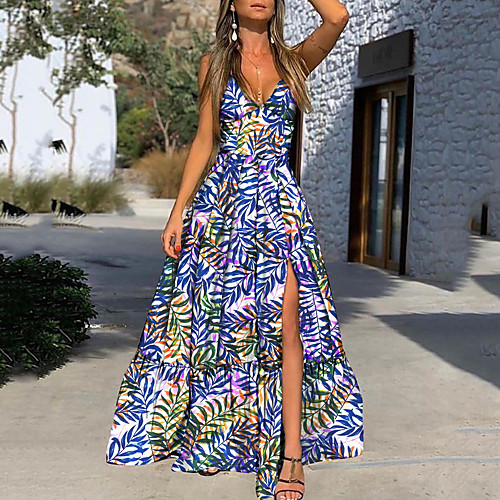 

Women's Swing Dress Maxi long Dress Blue Khaki Light Blue Sleeveless Leaf Split Spring Summer Sexy 2021 S M L XL XXL