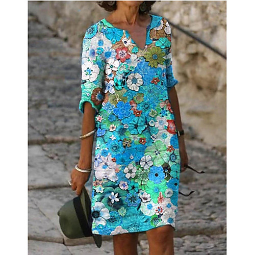 

Women's Shift Dress Knee Length Dress Blue Yellow Orange Short Sleeve Floral Fall Winter Casual 2021 S M XL XXL XXXL