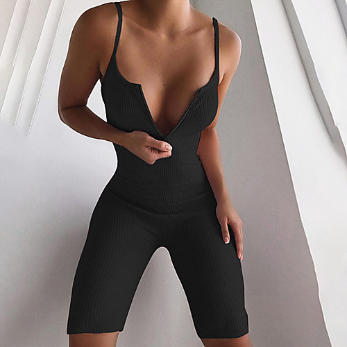 

Women's Zipper Front Athleisure Plunging Blushing Pink Gray Khaki Romper Solid Colored Zipper