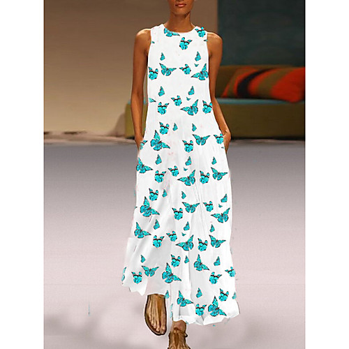 

Women's Shift Dress Maxi long Dress White Sleeveless Butterfly Animal Print Fall Summer Round Neck Casual 2021 S M L XL XXL 3XL
