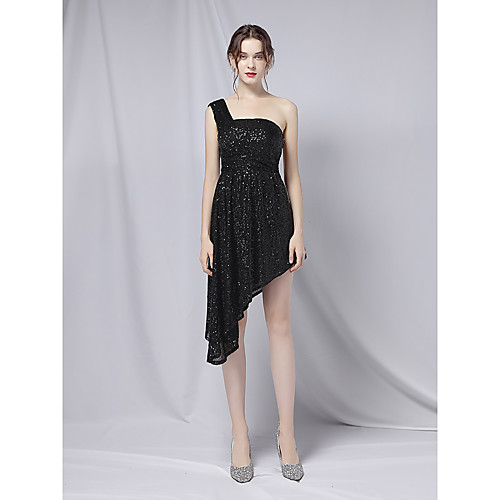 

A-Line Sexy Cocktail Party Dress One Shoulder Sleeveless Asymmetrical Sequined with Sequin 2021