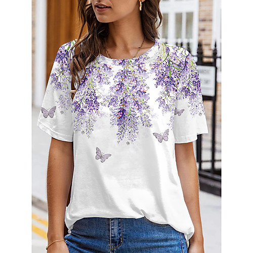 

Women's Floral Theme Painting T shirt Floral Graphic Print Round Neck Basic Tops Purple