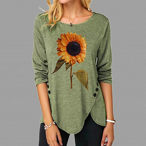 

Women's Floral Theme Painting T shirt Floral Sunflower Long Sleeve Button Print Round Neck Basic Tops Blue Green Royal Blue