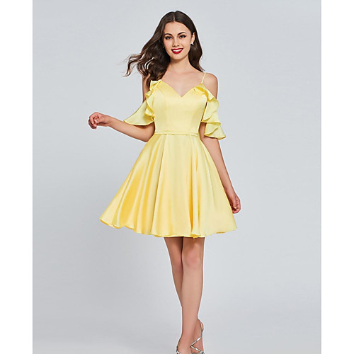 

A-Line Minimalist Sexy Engagement Cocktail Party Dress V Neck Sleeveless Knee Length Satin with Pleats 2021