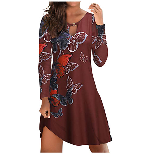 

Women's A Line Dress Short Mini Dress Blue Wine Black Long Sleeve Butterfly Animal Print Fall Summer Round Neck Casual 2021 S M L XL XXL 3XL 4XL 5XL