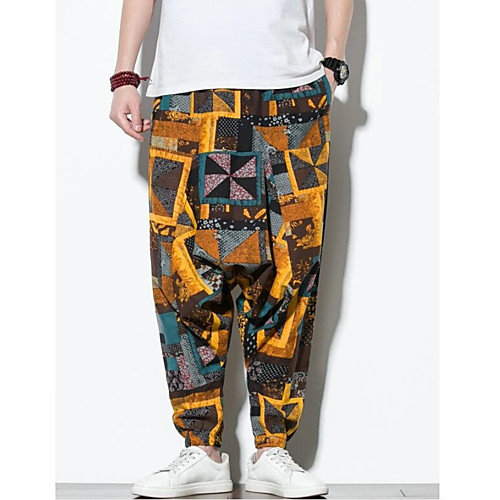 

Men's Chinoiserie Folk Style Outdoor Daily Home Chinos Pants Solid Colored Ankle-Length Drawstring Yellow