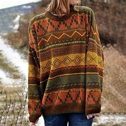 

Women's Casual Vintage Stripes Sweater Long Sleeve Sweater Cardigans Round Neck Fall Winter Yellow / Holiday / Loose