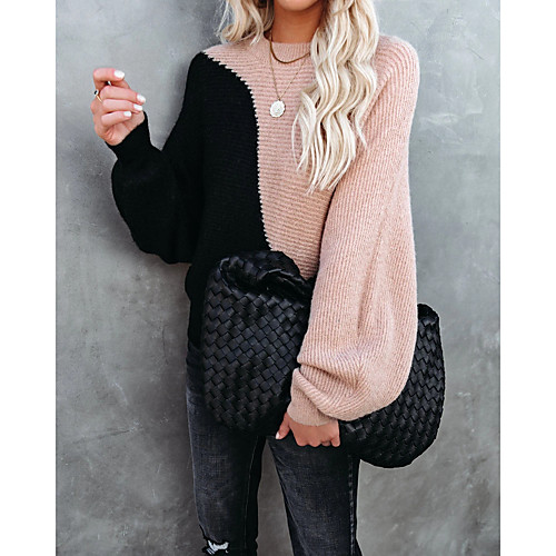 

Women's Casual Color Block Pullover Sweater Long Sleeve Sweater Cardigans Round Neck Fall Spring Black And White Powder with white Black with powder