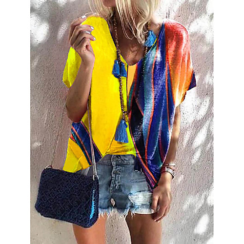 

Women's Painting T shirt Graphic Color Block Print V Neck Basic Tops Blue Yellow Gray