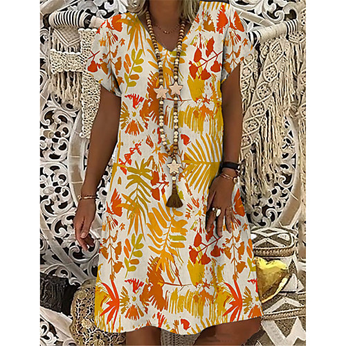 

Women's T Shirt Dress Tee Dress Knee Length Dress Yellow Short Sleeve Floral Print Print Summer V Neck Casual 2021 S M L XL XXL 3XL