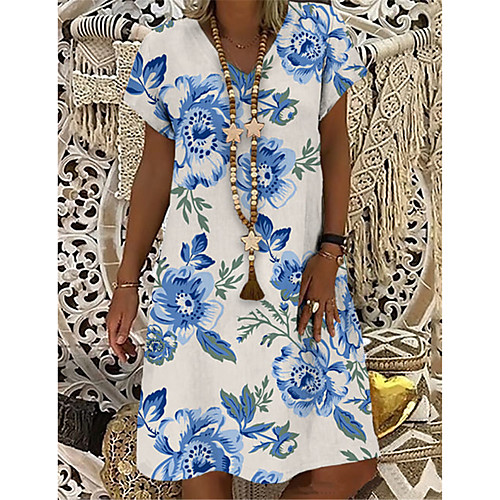

Women's T Shirt Dress Tee Dress Knee Length Dress White Short Sleeve Floral Print Print Summer V Neck Casual Holiday 2021 S M L XL XXL 3XL