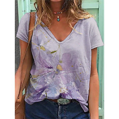 

Women's T shirt Floral Plants V Neck Basic Tops Purple