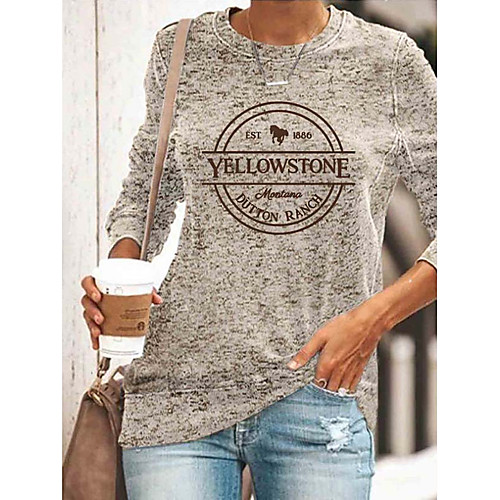 

Women's Painting T shirt Text Long Sleeve Print Round Neck Basic Tops Khaki