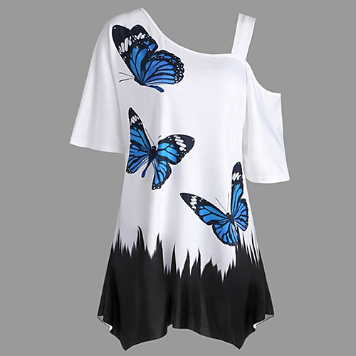 

Women's Plus Size Tops T shirt Graphic Butterfly Short Sleeve Round Neck Casual Spring Summer Lake blue Blue Purple Big Size L XL XXL 3XL 4XL