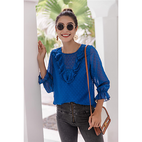 

Women's Blouse Shirt Plain Ruffle Round Neck Basic Streetwear Tops Blue