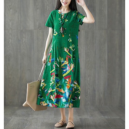 

summer new style cotton and linen printed retro folk style round neck slim short-sleeved dress
