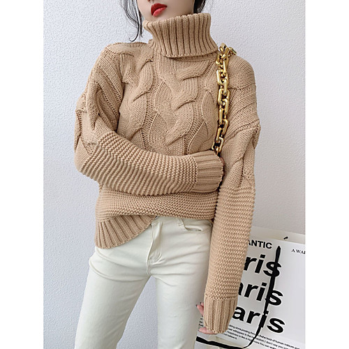 

Women's Solid Color Pullover Sweater Long Sleeve Sweater Cardigans High Neck Lake Green Yellow Blushing Pink