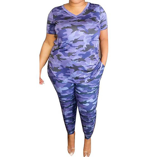 

Women's Plus Size Tops Set Print Short Sleeve Round Neck Sporty Fall Spring Camouflage Big Size XL 2XL 3XL 4XL 5XL / Holiday