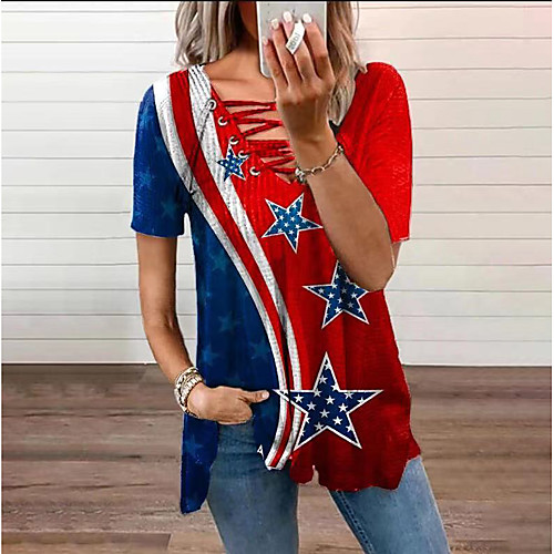 

Women's Geometric Blouse Shirt Color Block Geometric Star Drawstring Print V Neck Basic Streetwear Tops Red