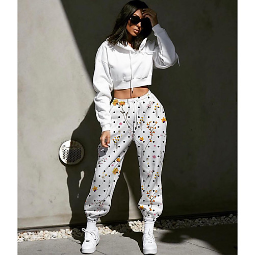 

Women's Designer Streetwear Comfort Going out Weekend Jogger Pants Polka Dot Flower / Floral Graphic Prints Full Length Elastic Drawstring Design Print White