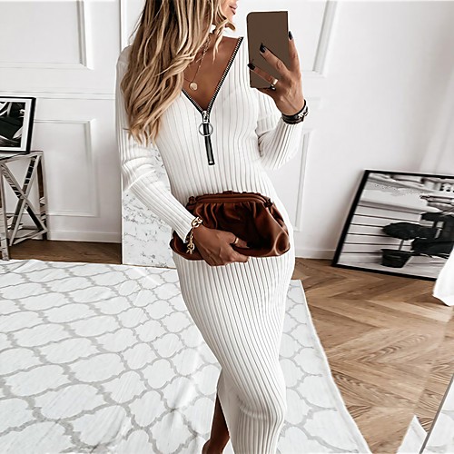 

Women's Sheath Dress Midi Dress Light Pink khaki White Black Long Sleeve Solid Color Zipper Fall Winter Deep V Casual Sexy 2021 S M L XL XXL XXXL
