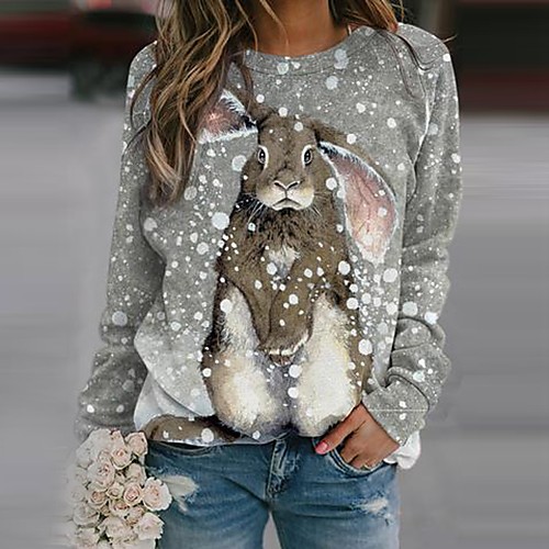

Women's 3D Printed Painting T shirt Color Block 3D Animal Long Sleeve Patchwork Print Round Neck Basic Tops Purple Light gray Dark Gray