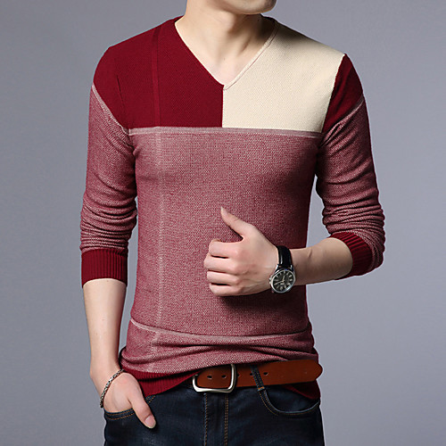 

Men's Stylish Vintage Style Knitted Color Block Pullover Sweater Long Sleeve Sweater Cardigans V Neck Fall Winter Green Orange Red