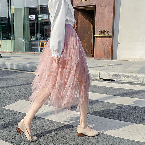 

Women's Casual / Daily Weekend Basic Streetwear Calf-Length Skirts Geometric Sequins Layered Tulle Blushing Pink Gray Black