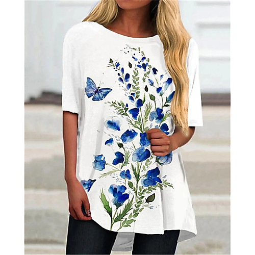 

Women's 3D Printed T shirt Butterfly Flower Round Neck Basic Tops White