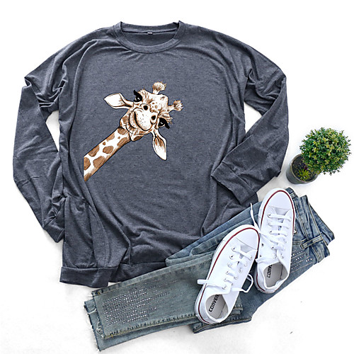 

Women's Painting T shirt Graphic Giraffe Animal Long Sleeve Print Round Neck Basic Tops Cotton Blushing Pink Green Light gray