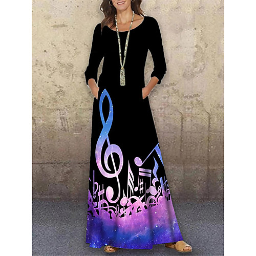 

Women's Shift Dress Maxi long Dress Black 3/4 Length Sleeve Print Color Block Print Spring Summer Round Neck Casual Holiday 2021 S M L XL XXL 3XL
