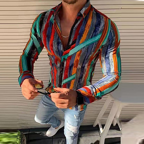 

Men's Shirt non-printing Striped Tie Dye Long Sleeve Street Tops Casual Soft Breathable Green Red