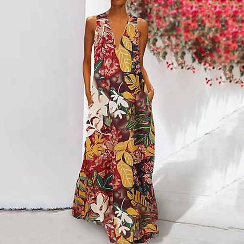 

Women's Swing Dress Maxi long Dress Yellow Green Red Sleeveless Print Color Block Print Fall Spring V Neck Casual Holiday 2021 S M L XL XXL