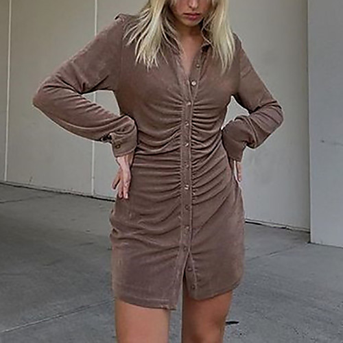 

Women's A Line Dress Midi Dress Purple Green Orange Black Brown Long Sleeve Solid Color Ruched Summer Shirt Collar Casual Sexy 2021 S M L