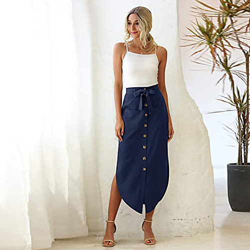 

Women's Casual / Daily Weekend Basic Streetwear Maxi Skirts Solid Colored Pocket Blue