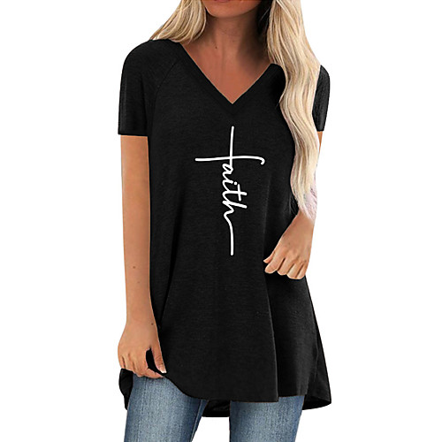 

Women's Painting T shirt Text V Neck Basic Tops Gray Khaki Green