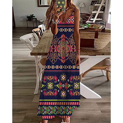 

Women's A Line Dress Maxi long Dress Navy Blue Sleeveless Floral Geometric Print Summer V Neck Casual 2021 S M L XL XXL 3XL