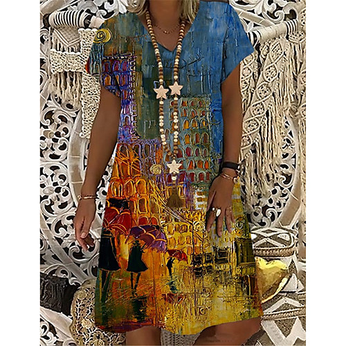 

Women's T Shirt Dress Tee Dress Knee Length Dress Blue Short Sleeve Print Color Block Print Spring Summer V Neck Casual Holiday 2021 S M L XL XXL 3XL