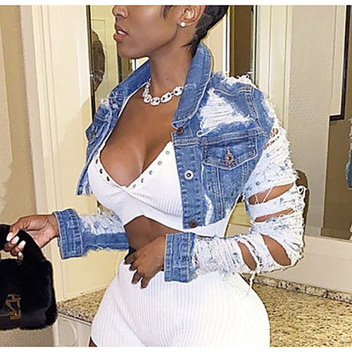 

new european and american amazon independent ebay hot sale cut mini denim short fringed jacket