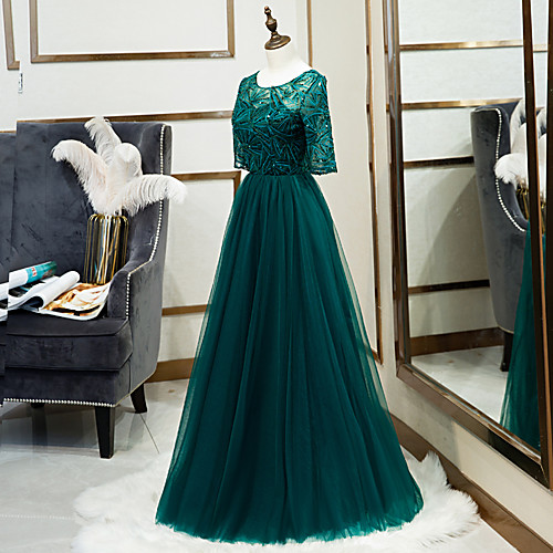 

A-Line Glittering Elegant Prom Formal Evening Dress Jewel Neck Half Sleeve Floor Length Tulle with Pleats Sequin 2021