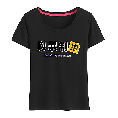 

Women's Painting T shirt Text Kanji Print Round Neck Basic Tops Cotton Blushing Pink White Black