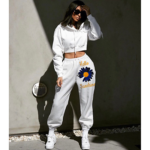 

Women's Streetwear Sweatpants Comfort Going out Weekend Jogger Pants Flower / Floral Letter Full Length Elastic Drawstring Design Print White