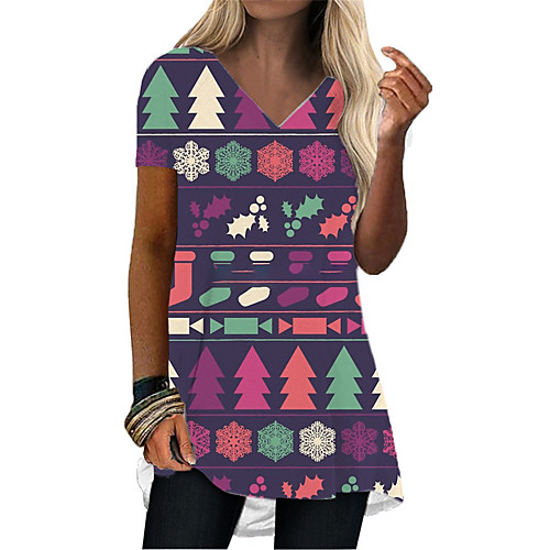 

Women's T Shirt Dress Tee Dress Short Mini Dress Purple Yellow Short Sleeve Floral Geometric Print Summer V Neck Casual 2021 S M L XL XXL 3XL