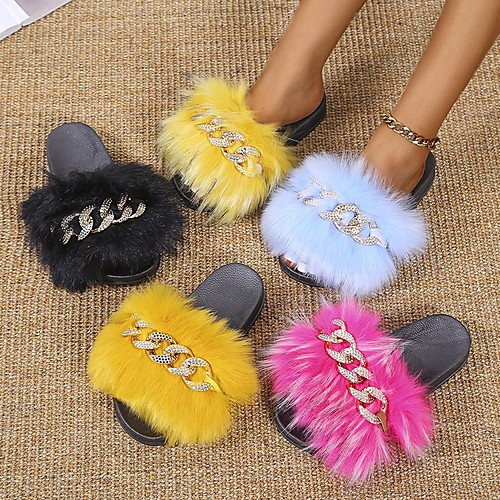 

Women's Slippers & Flip-Flops Flat Heel Round Toe Faux Fur Rhinestone Solid Colored Light Yellow Yellow Blue