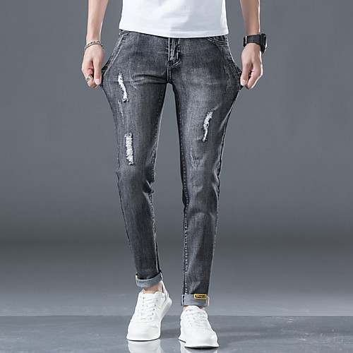 

Men's Simple Daily Going out Jeans Pants Solid Color Full Length Zipper Black