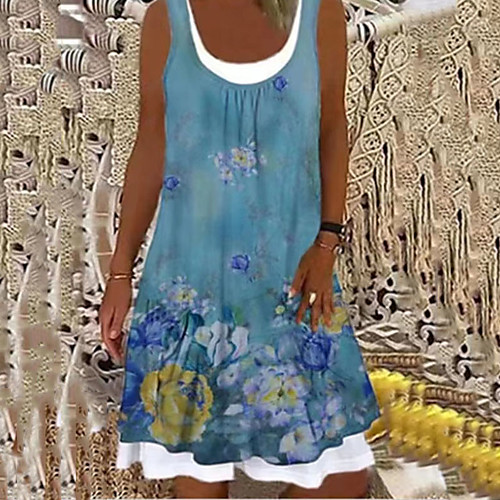 

Women's A Line Dress Knee Length Dress Blue Green White Light Green Light Blue Sleeveless Floral Print Summer Round Neck Casual 2021 S M L XL XXL 3XL
