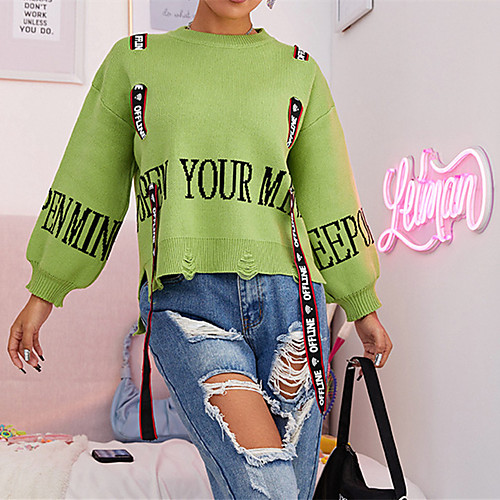 

Women's Casual Text Pullover Sweater Long Sleeve Sweater Cardigans Round Neck Fall Spring Summer Yellow Green Orange