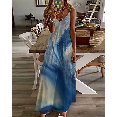 

Women's A Line Dress Maxi long Dress Blue Sleeveless Color Gradient Print Summer V Neck Casual 2021 S M L XL XXL 3XL