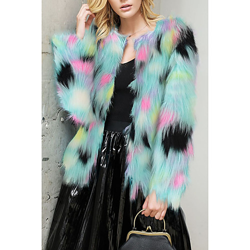 

Women's Faux Fur Coat Daily Winter Short Coat V Neck Regular Fit Warm Casual Jacket Long Sleeve Color Block Fur Trim Green / Work
